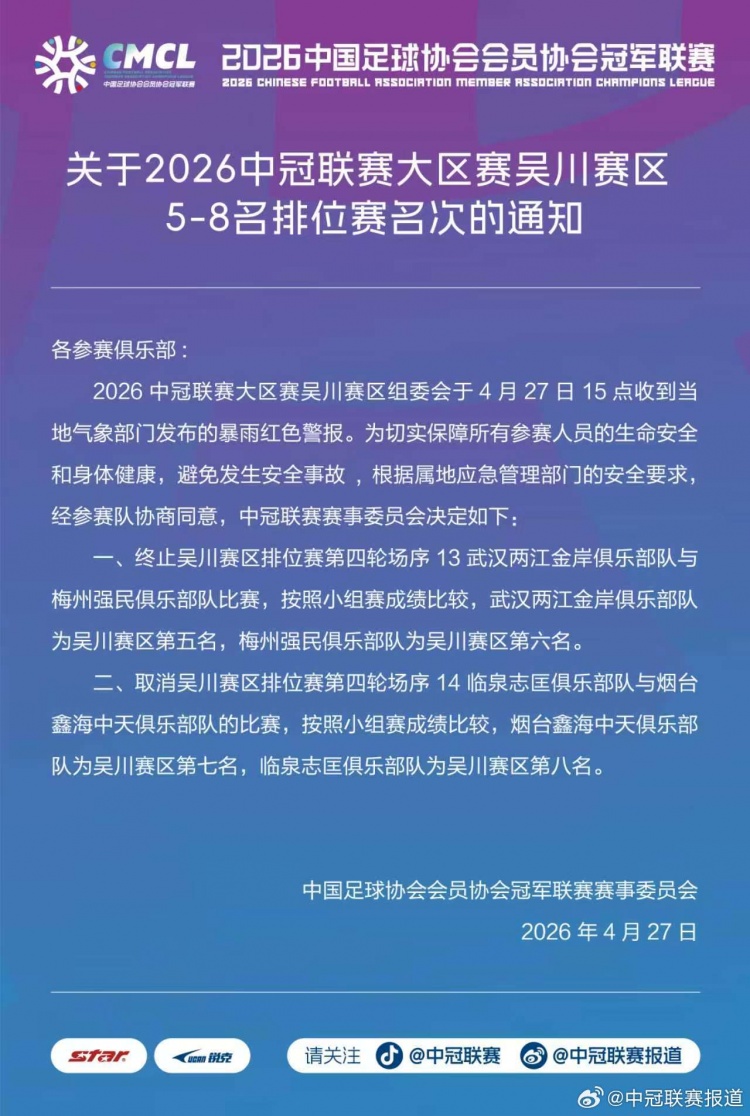 爱游戏中国官网-中冠官方：因暴雨终止和取消吴川赛区两场比赛，根据小组成绩排名